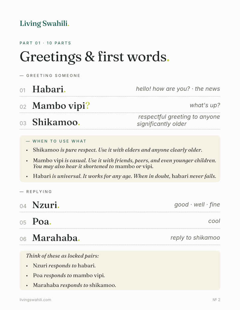Inside page of the Living Swahili guide